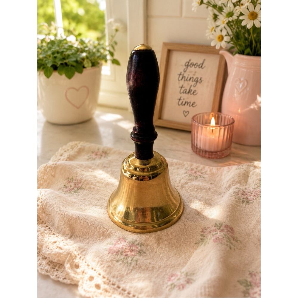 Vintage Solid Brass Hand Bell with Black Wooden Handle for School Teacher Bell